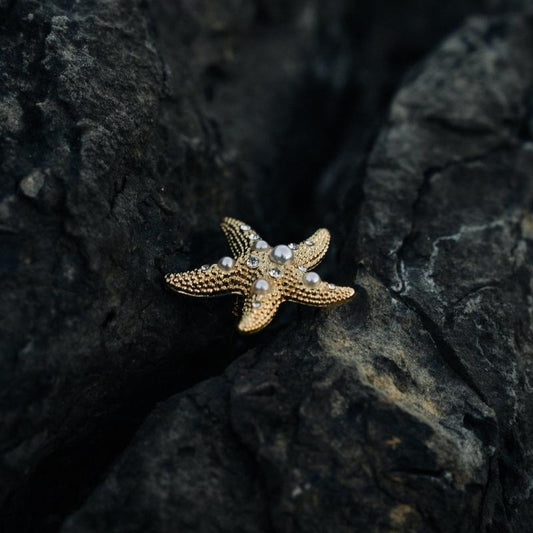 Sea Star Shape Gold Color Earrings with White Pearls and Translucent Diamond-Cut Stones