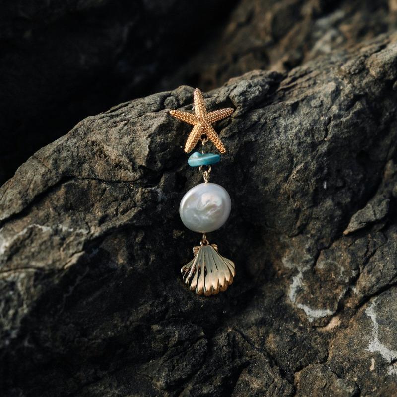 Sea Star Earrings with Gold-Colored Sea Star, Blue Rock, Pearl, and Golden Seashell