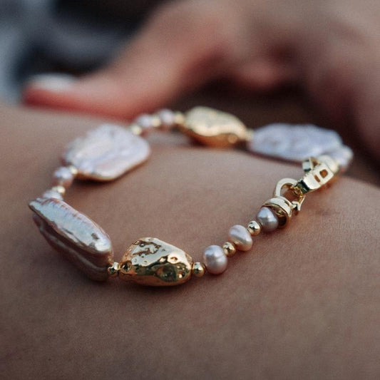 Beige Pearl Bracelet with Gold and Pink Gold Nuggets