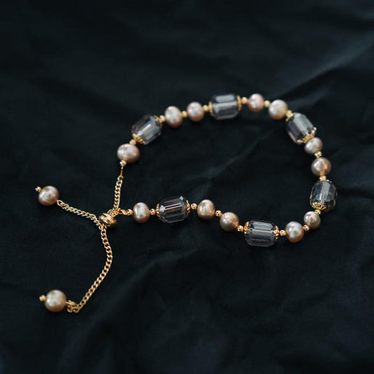 Gold Color Bracelet with White Pearls and Translucent Synthetic Stones