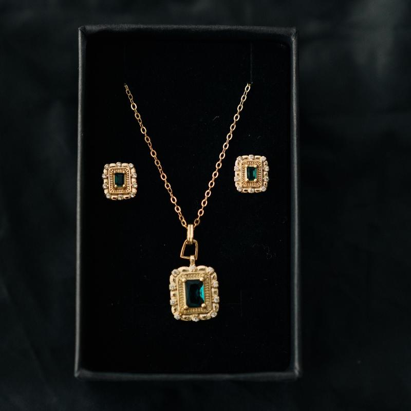 Gold Color Jewelry Set with Green Stones - Earrings and Pendant Necklace