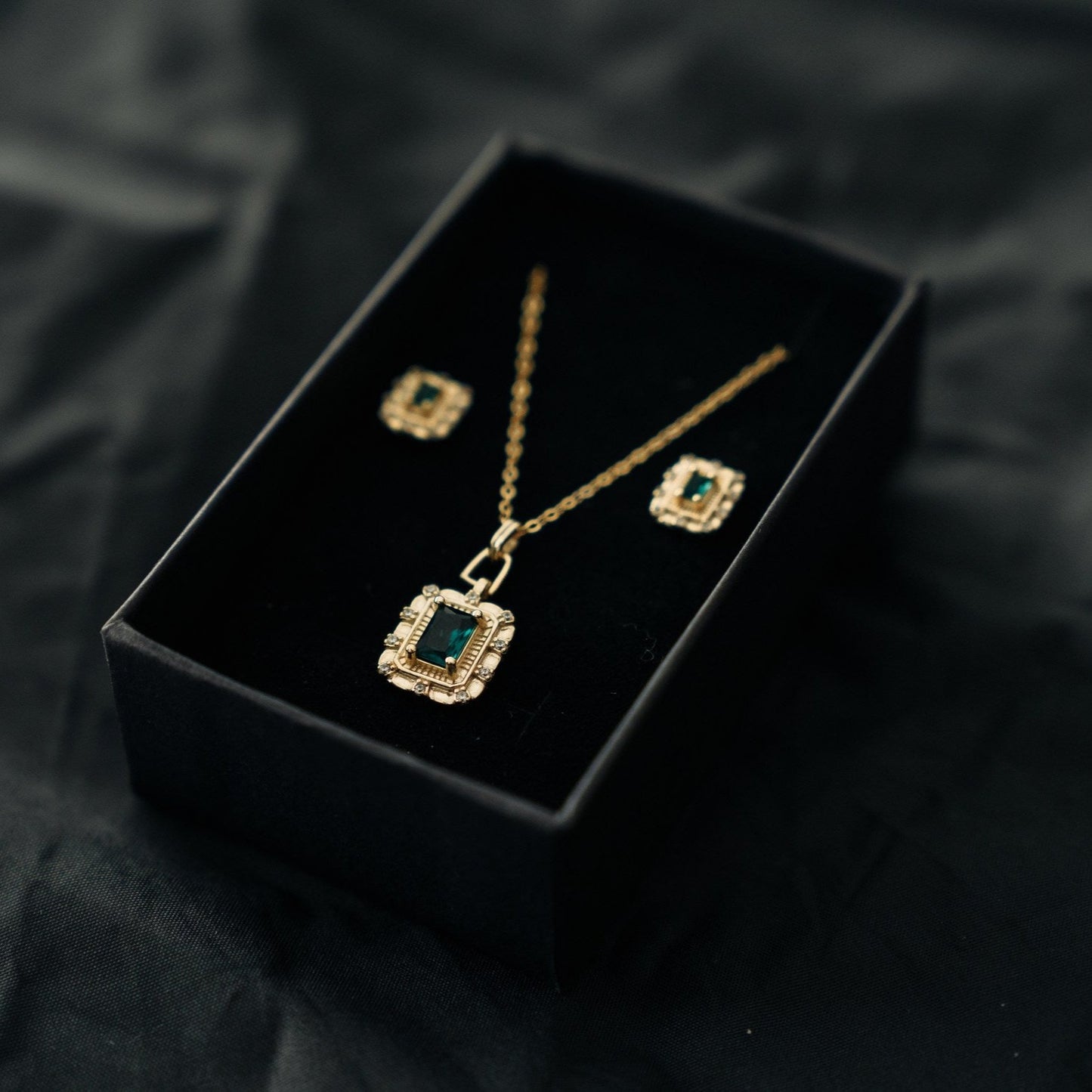 Gold Color Jewelry Set with Green Stones - Earrings and Pendant Necklace