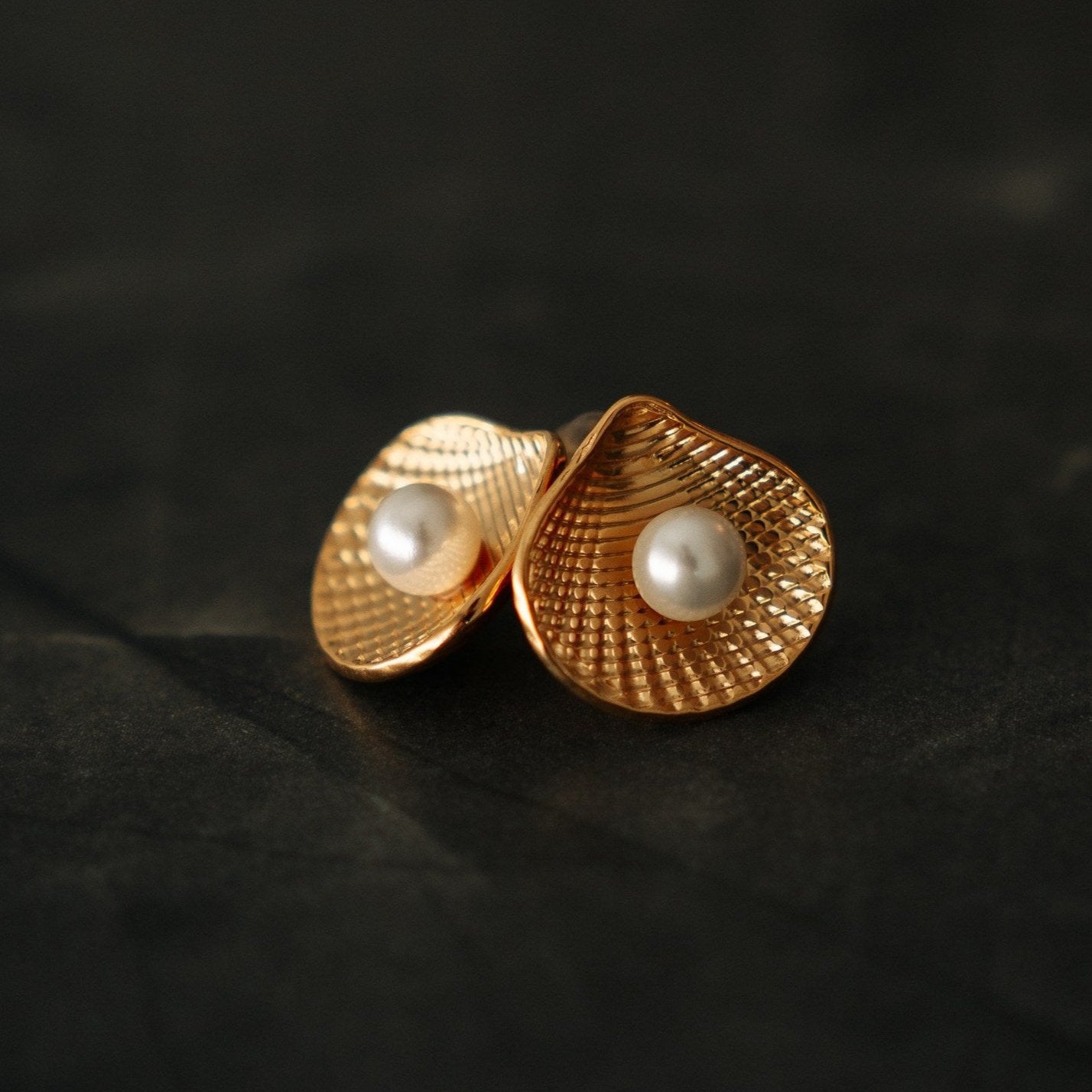 Gold Color Sea Shell Earrings with Pearl and Intricate Texture