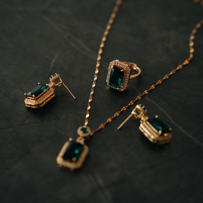 Gold Color Jewelry Set with Green and Translucent Stones - Ring, Earrings, and Necklace