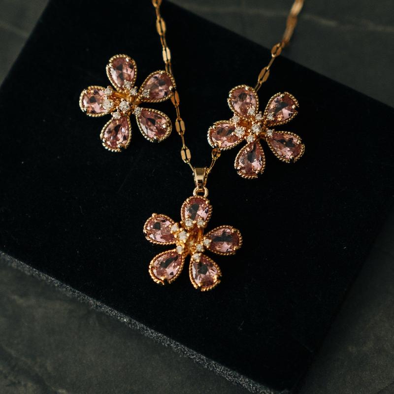 Gold Color Flower Jewelry Set - Necklace and Earrings with Pink and Orange Stones