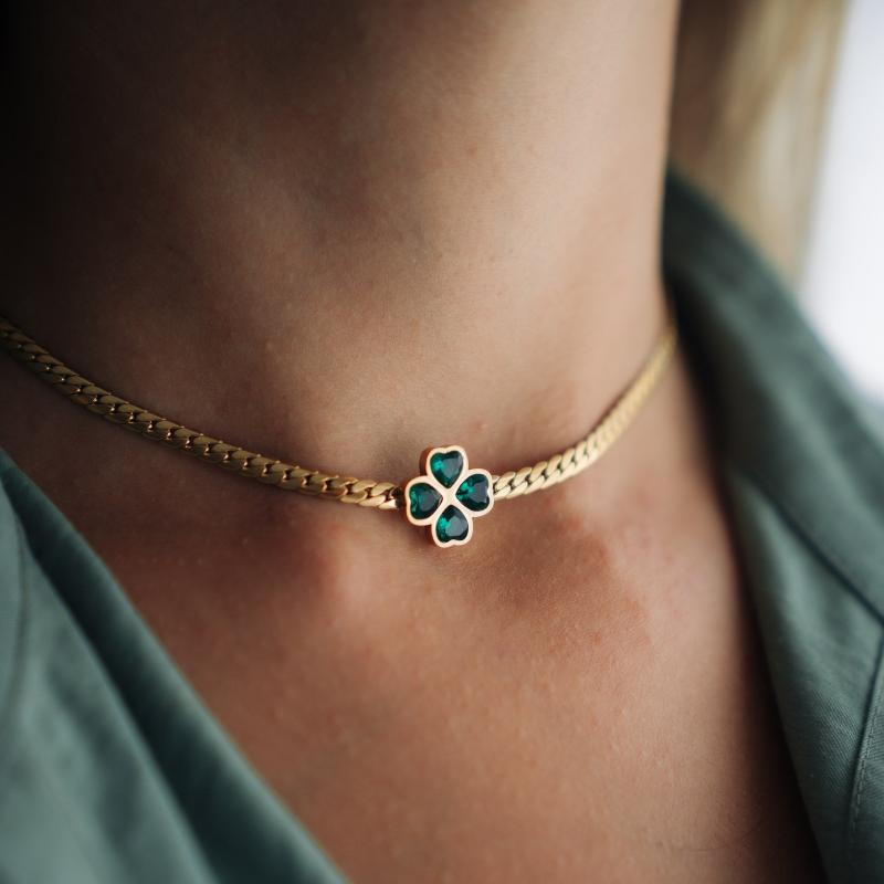 Gold Color Choker Chain with Heart Pendant and Green Synthetic Stones