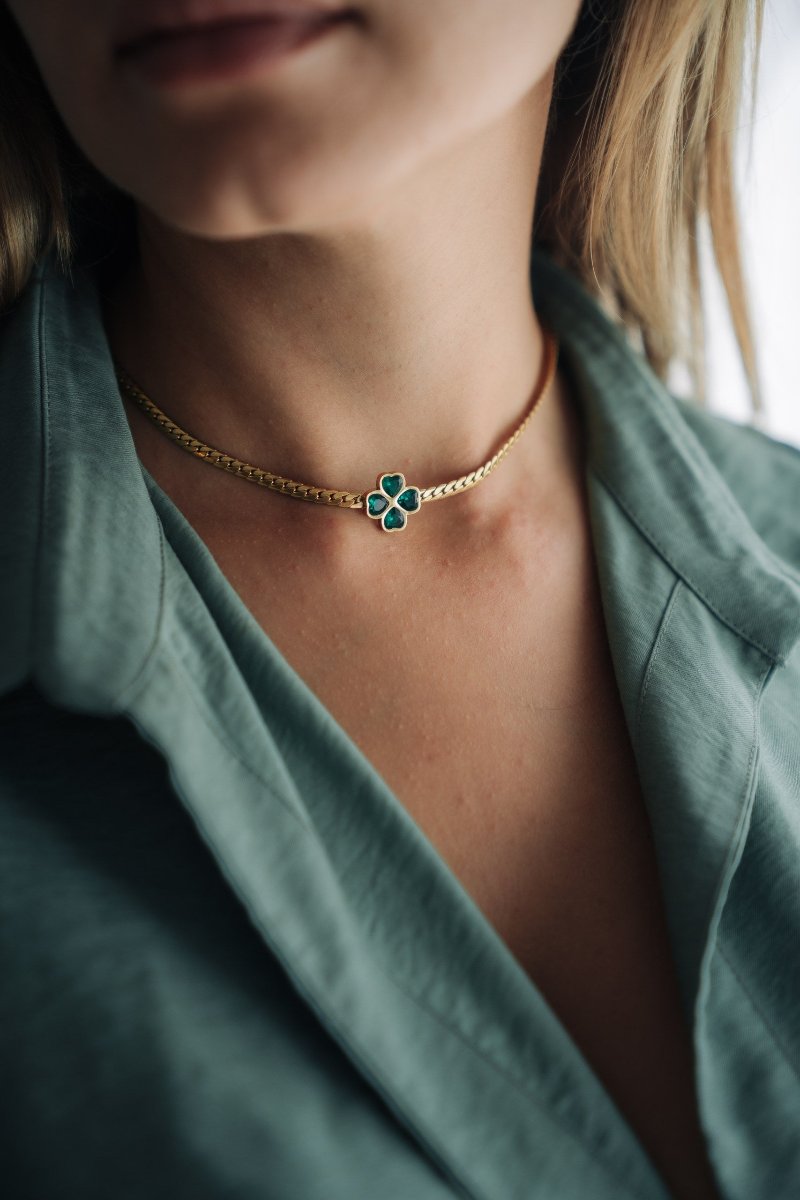 Gold Color Choker Chain with Heart Pendant and Green Synthetic Stones