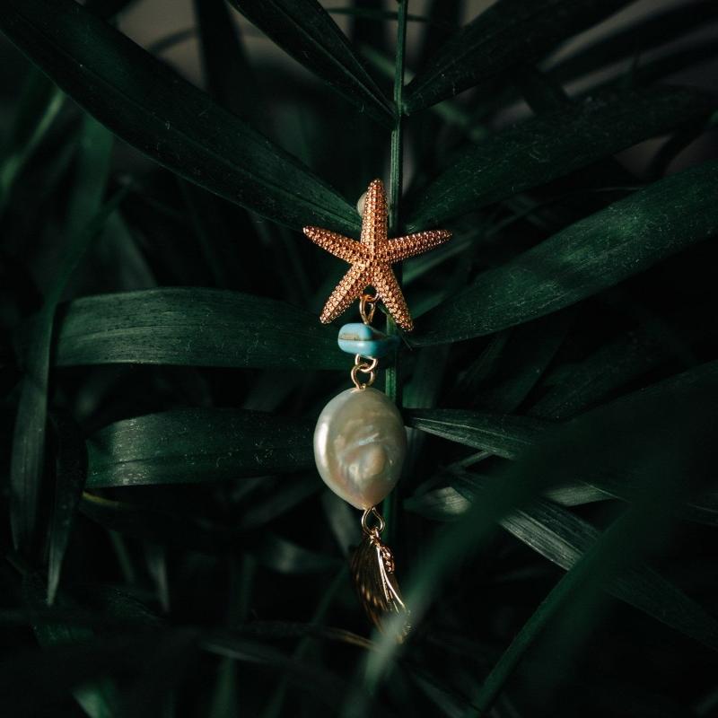 Sea Star Earrings with Gold-Colored Sea Star, Blue Rock, Pearl, and Golden Seashell