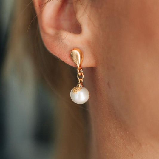 Gold Color Drop Earrings with Gold Drop Design and White Pearl