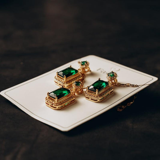 Gold Color Earrings Set with Green Stones and Translucent Accents