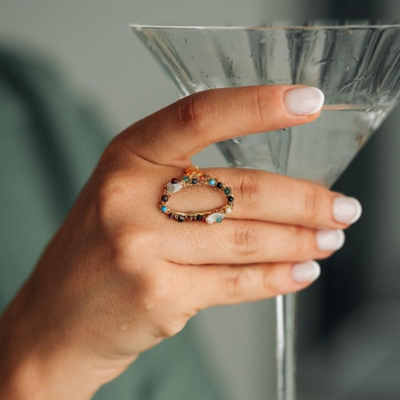 Gold Color Oval Chain Ring with Mediterranean Stones