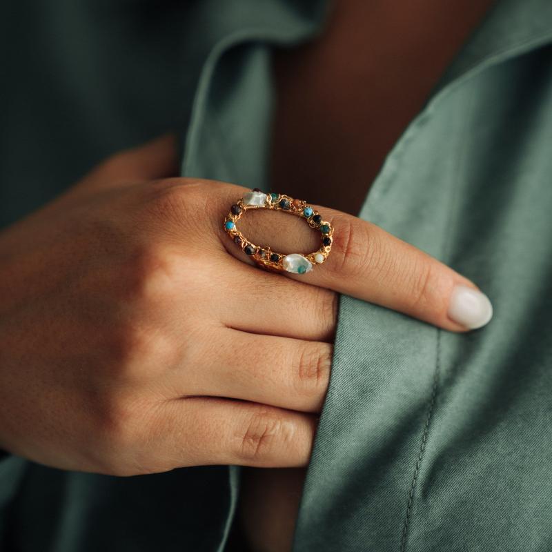 Gold Color Oval Chain Ring with Mediterranean Stones