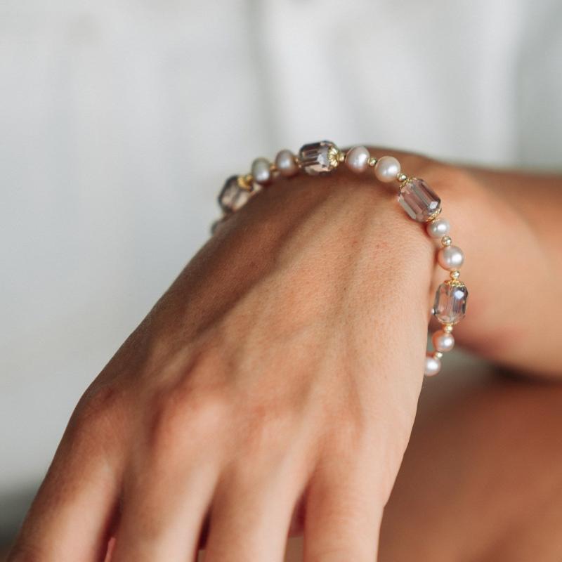 Gold Color Bracelet with White Pearls and Translucent Synthetic Stones