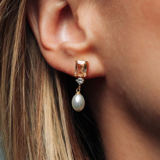 Gold Color Drop Earrings with Rectangular Translucent Stone, Round Synthetic Diamond, and White Oval Pearl