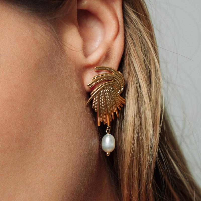 Gold Color Earrings with Intricate String Design and Hanging White Pearl