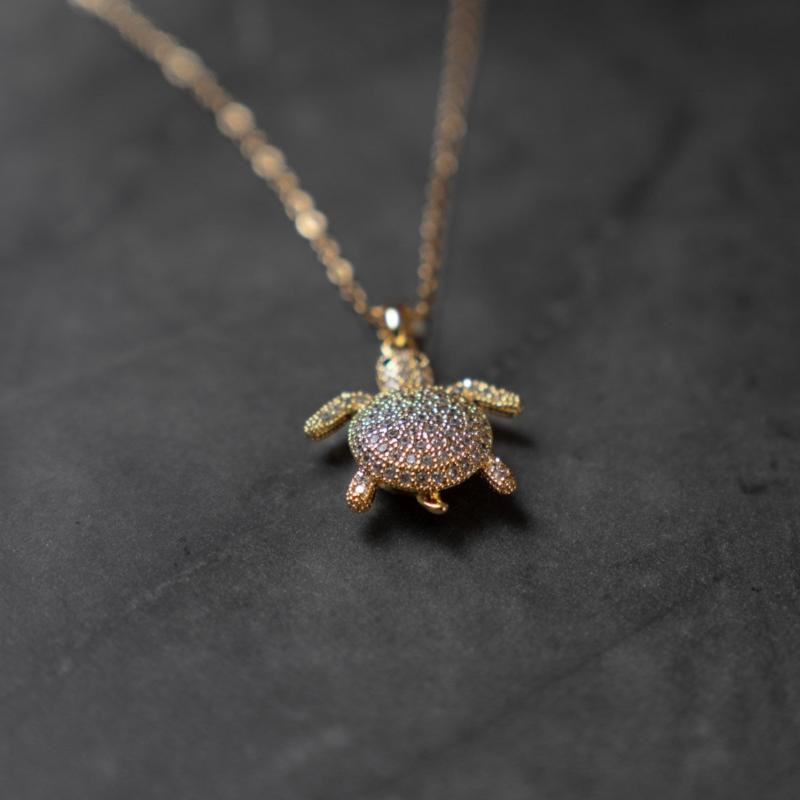 Gold Color Chain Necklace with Turtle Pendant Encrusted in Iridescent Stones