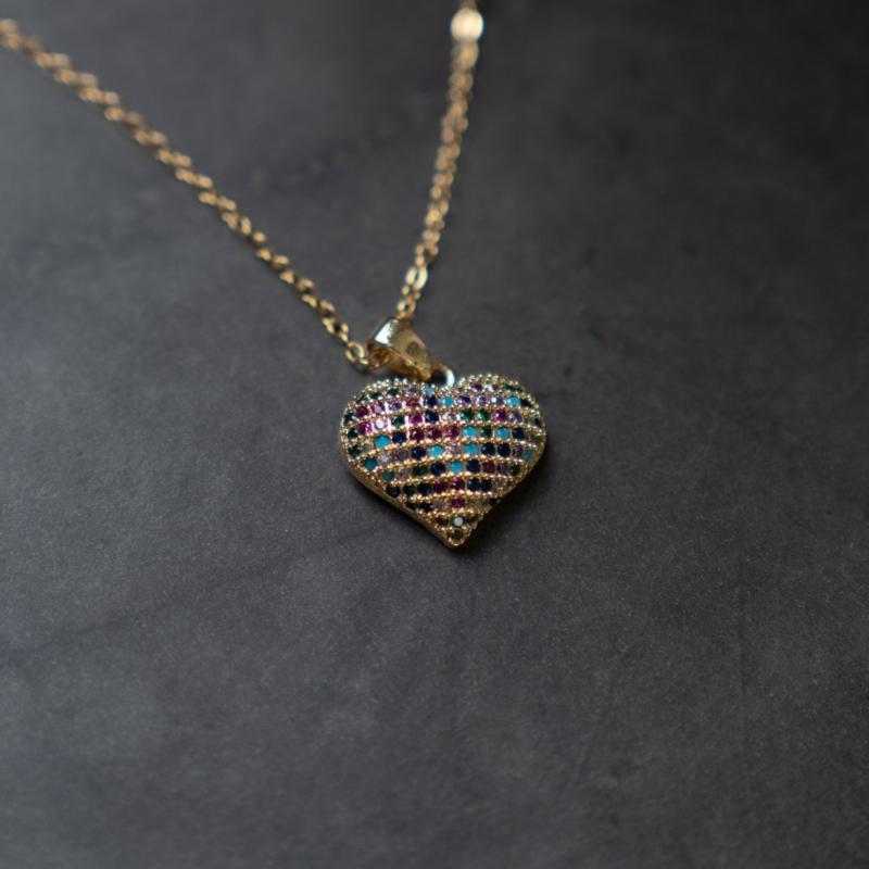 Gold Color Chain Necklace with Heart Pendant Encrusted in Multi-Colored Stones