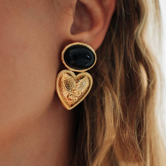 Gold Color Earrings with Oval Black Stone and Heart-Shaped Design with Snake Motif