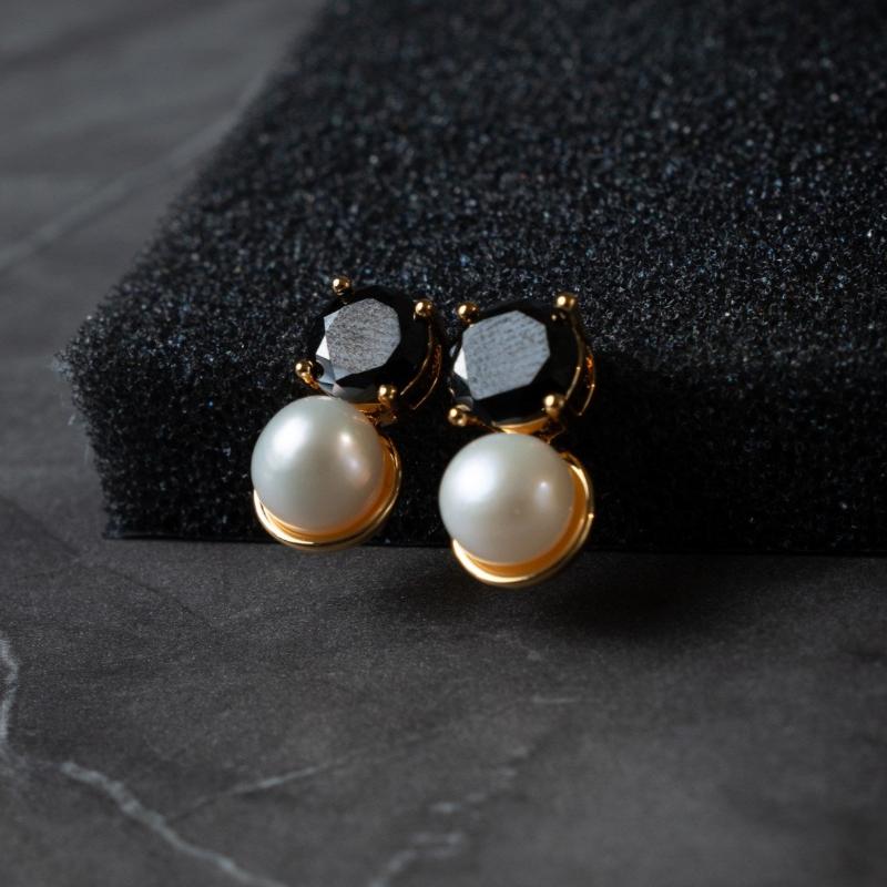 Gold Color Earrings with Black Round Diamond-Cut Stones and Large White Round Pearls