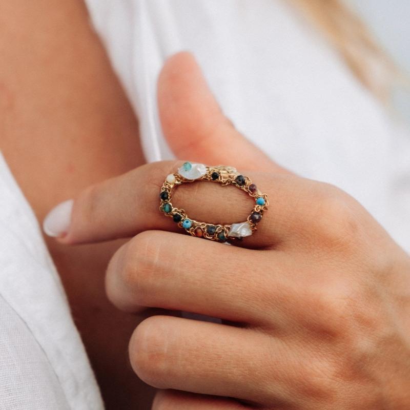 Gold Color Oval Chain Ring with Mediterranean Stones